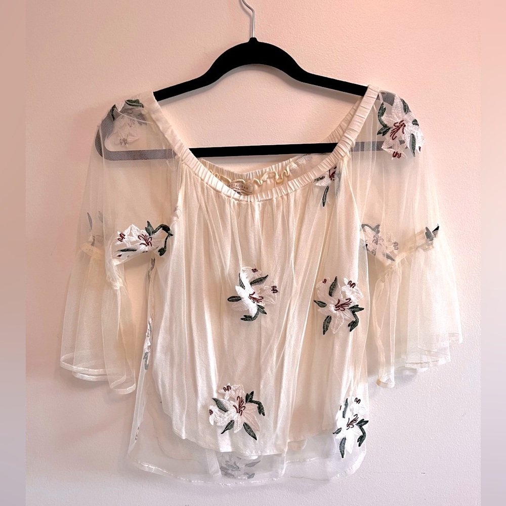 Polagram Boutique Floral Embroidered Sheer Overlay Blouse